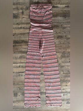 Free People Striped Knit Strapless Jumpsuit in Coral, Black & Ivory Small